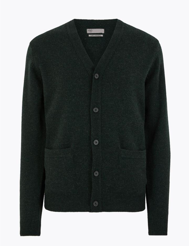 Marks & Spencer Pure Lambswool V Neck Cardigan Dark Green