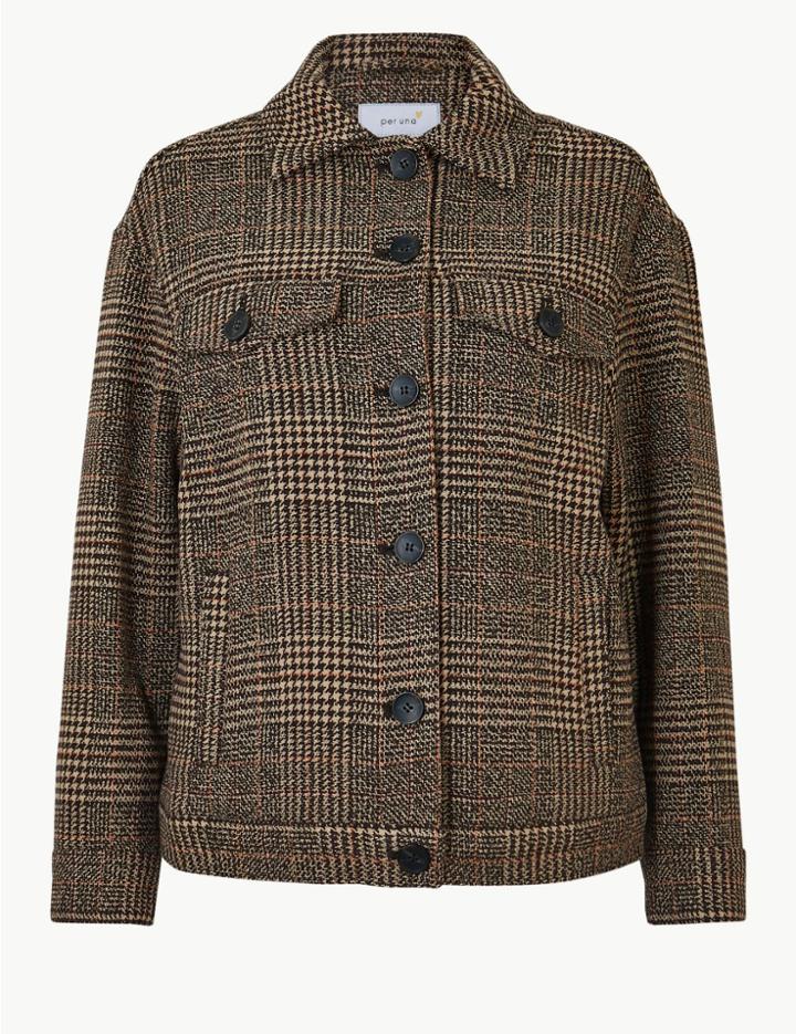 Marks & Spencer Oversized Wool Blend Checked Short Jacket Brown Mix