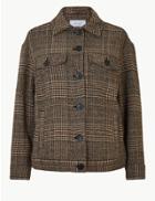 Marks & Spencer Oversized Wool Blend Checked Short Jacket Brown Mix
