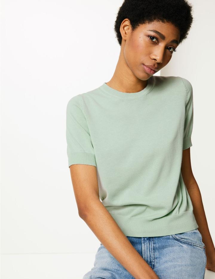 Marks & Spencer Pure Cotton Round Neck Knitted Top Mint