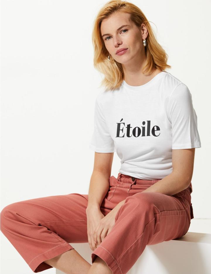 Marks & Spencer Printed Round Neck Mercerised T-shirt White Mix