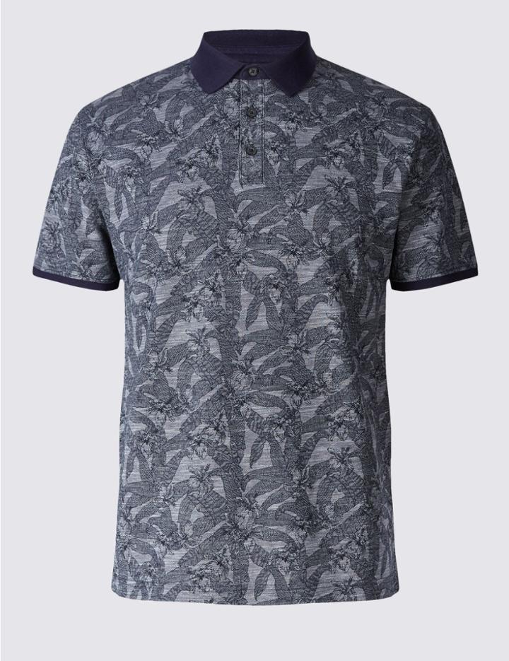 Marks & Spencer Pure Cotton Floral Print Polo Shirt Ice Blue