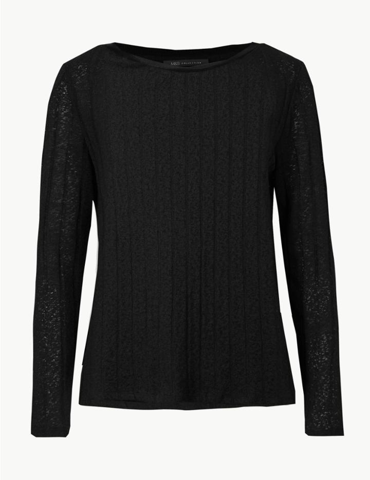 Marks & Spencer Textured Rib Round Neck Long Sleeve T-shirt Black