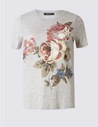 Marks & Spencer Cotton Blend Floral Print T-shirt Grey