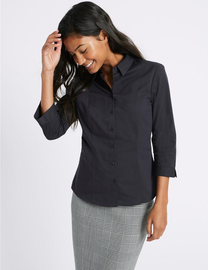 Marks & Spencer Cotton Rich 3/4 Sleeve Shirt Navy