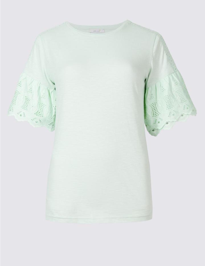 Marks & Spencer Pure Cotton Broderie Sleeve T-shirt Mint