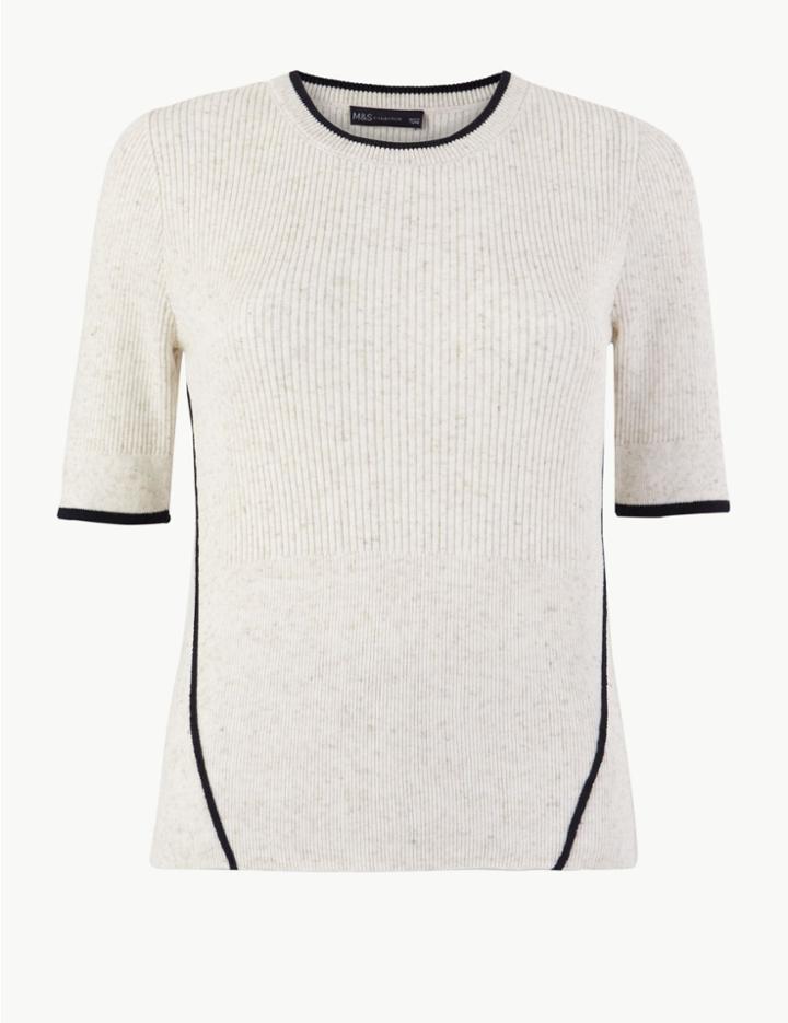 Marks & Spencer Linen Blend Knitted Short Sleeve Top Navy