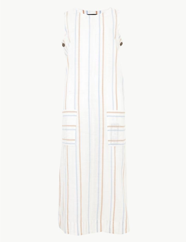 Marks & Spencer Striped Midi Shift Dress With Linen Ivory Mix