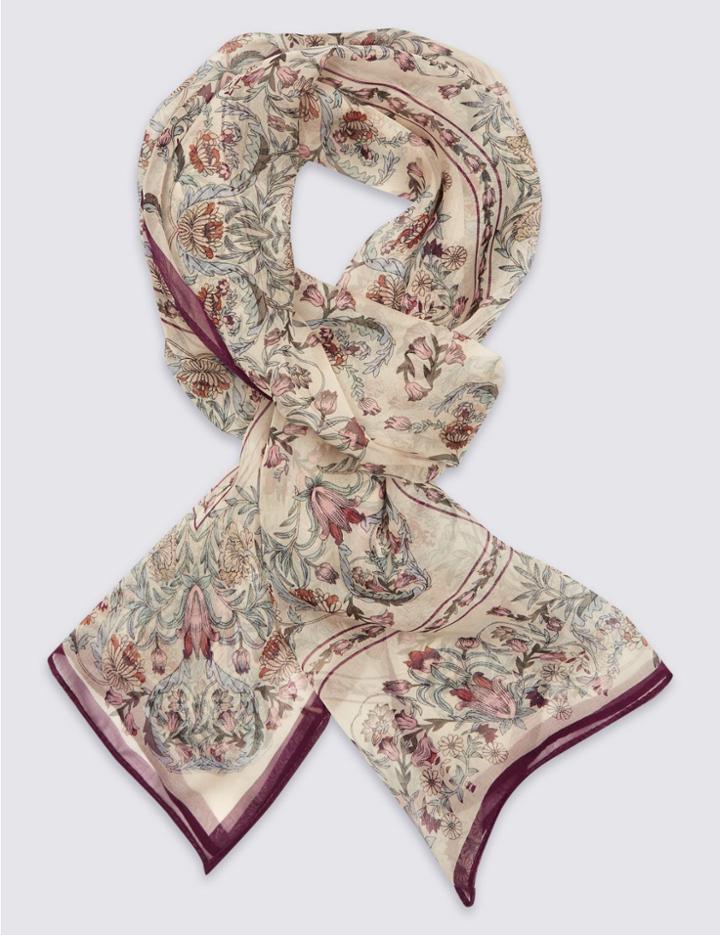 Marks & Spencer Pure Silk Floral Print Scarves Cream Mix