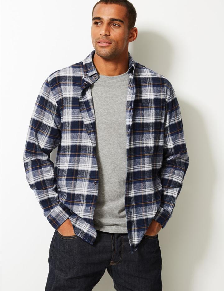 Marks & Spencer Brushed Cotton Checked Shirt Royal Blue