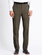 Marks & Spencer Wool Blend Flat Front Herringbone Trousers Neutral