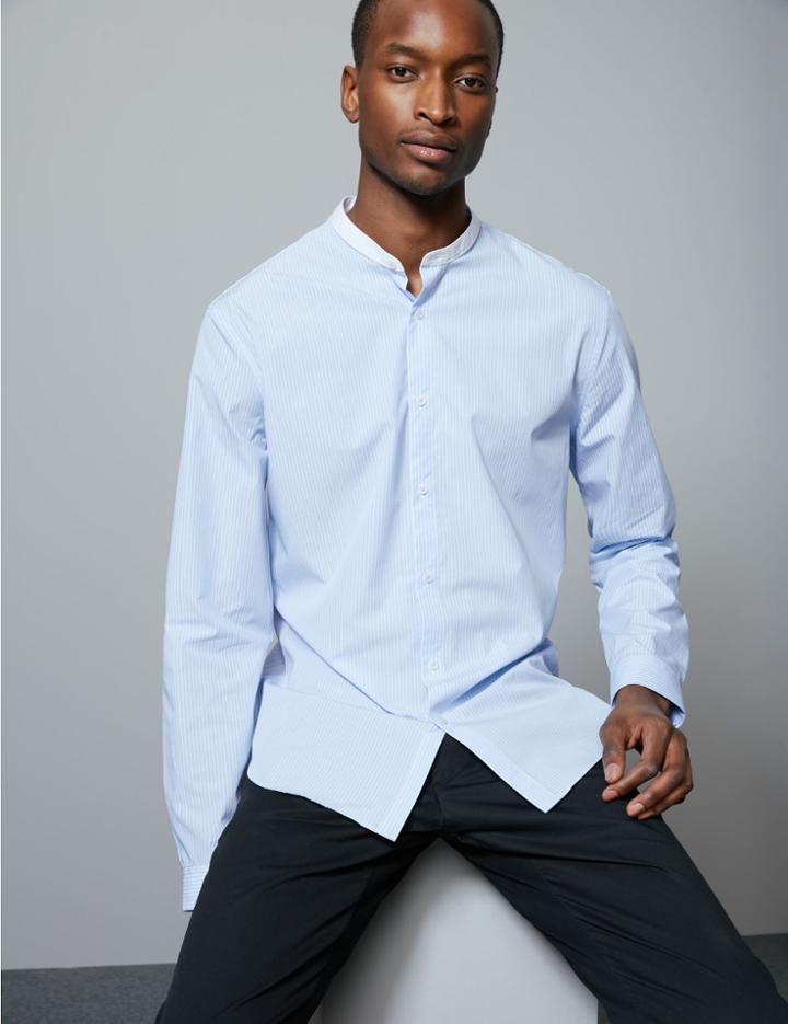 Marks & Spencer Pure Cotton Striped Grandad Shirt Blue Mix