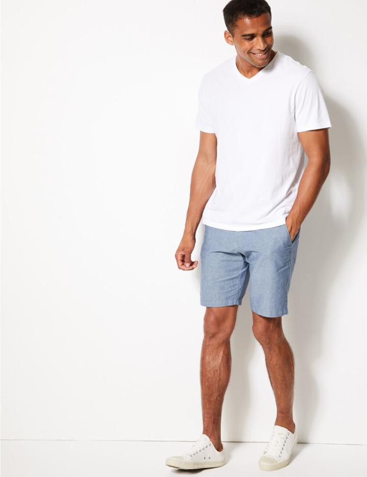 Marks & Spencer Linen Rich Striped Shorts Blue