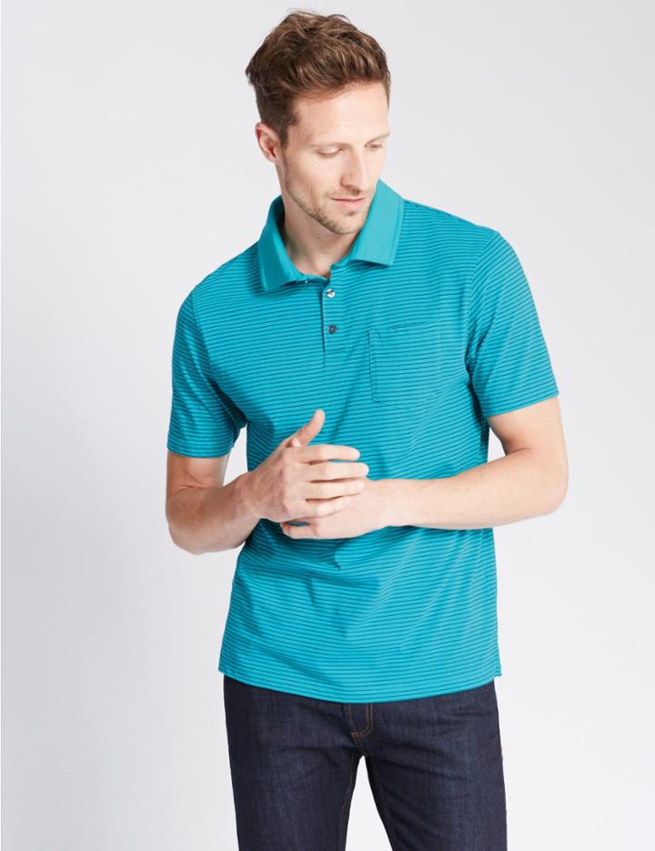 Marks & Spencer Pure Cotton Striped Polo Shirt Marine