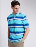 Marks & Spencer Pure Cotton Striped Polo Shirt Turquoise Mix