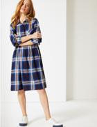 Marks & Spencer Petite Pure Cotton Checked Dress Navy Mix