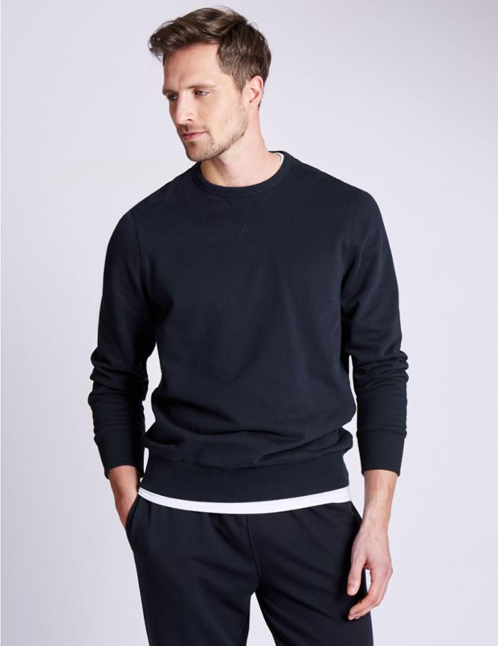 Marks & Spencer Cotton Rich Crew Neck Regular Fit Sweat Navy