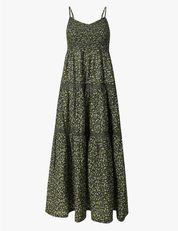 Marks & Spencer Pure Cotton Floral Print Swing Midi Dress Khaki Mix