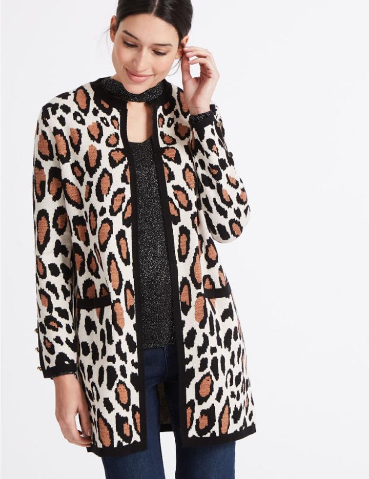Marks & Spencer Animal Print Open Front Round Neck Cardigan Cream Mix