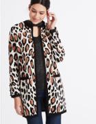 Marks & Spencer Animal Print Open Front Round Neck Cardigan Cream Mix