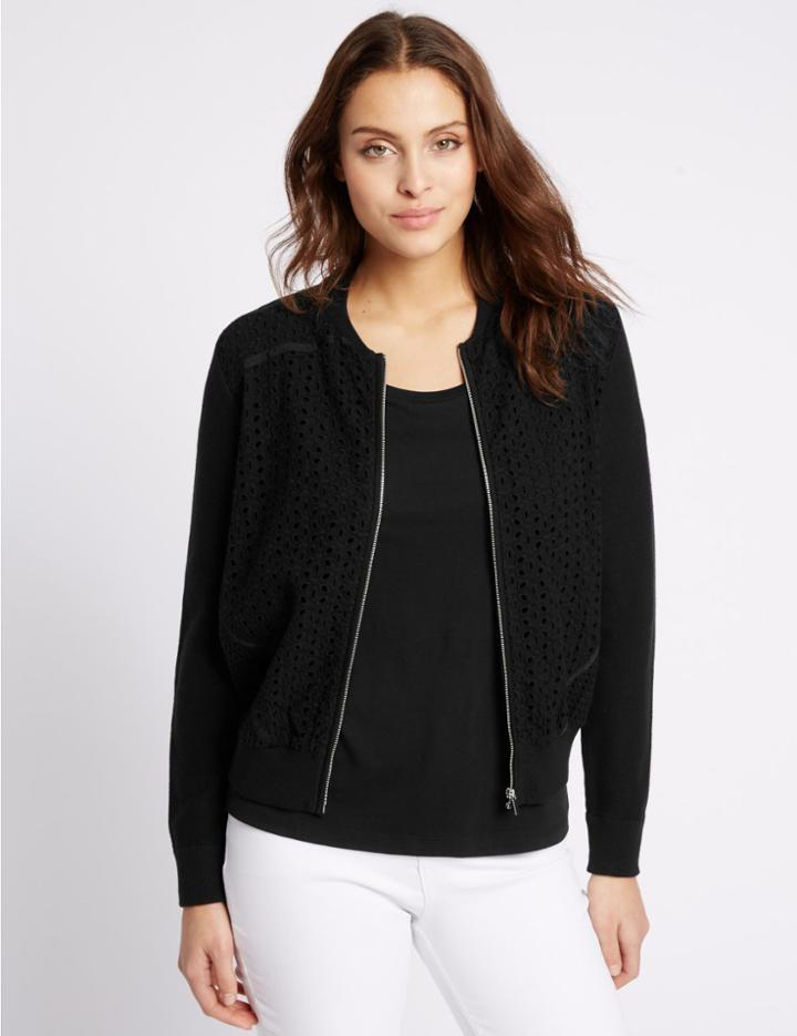 Marks & Spencer Pure Cotton Lace Front Bomber Cardigan Black