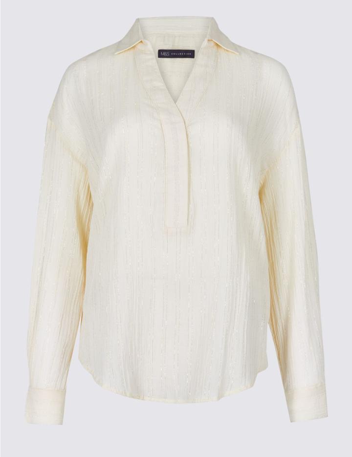 Marks & Spencer Cotton Rich Striped Long Sleeve Blouse Ivory