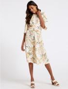 Marks & Spencer Floral Jacquard 3/4 Sleeve Skater Midi Dress Ivory Mix
