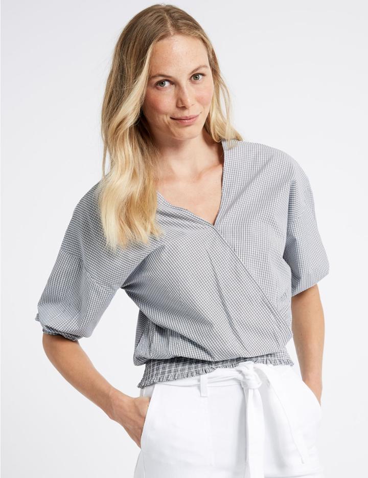 Marks & Spencer Checked V-neck 3/4 Sleeve Blouse Navy Mix