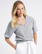 Marks & Spencer Checked V-neck 3/4 Sleeve Blouse Navy Mix