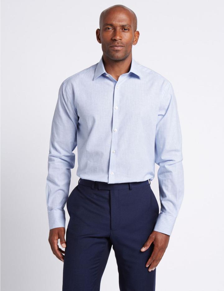 Marks & Spencer Linen Blend Tailored Fit Striped Shirt Light Blue Mix