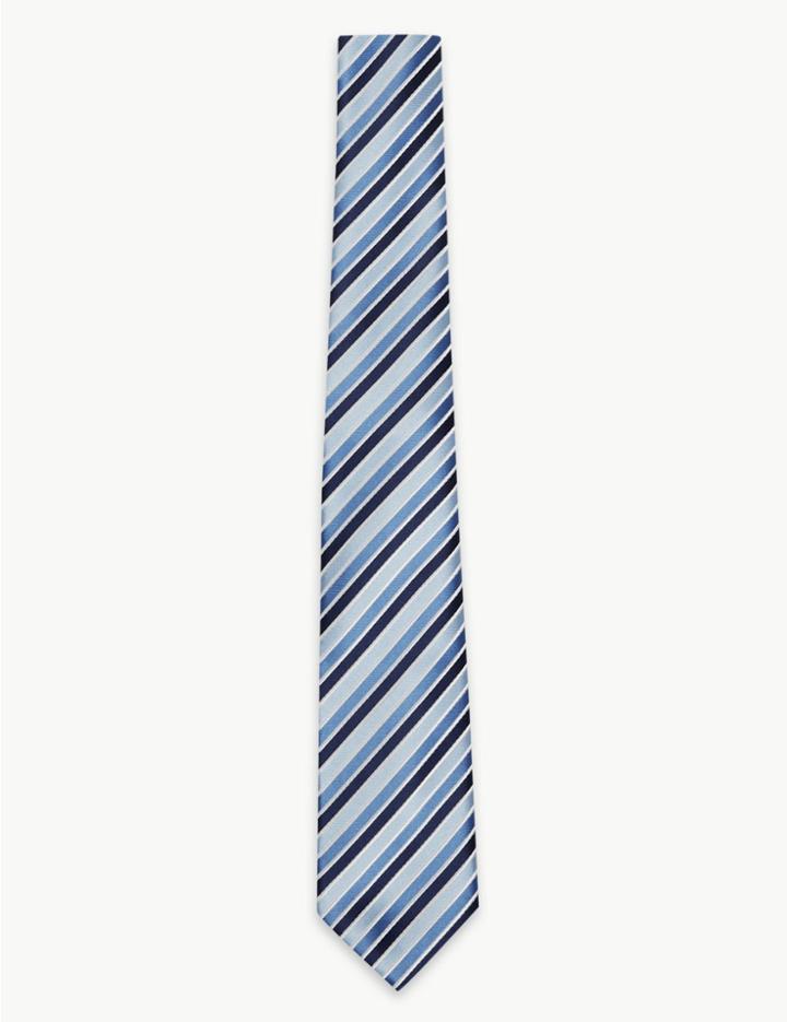 Marks & Spencer Satin Slim Striped Tie Blue Mix