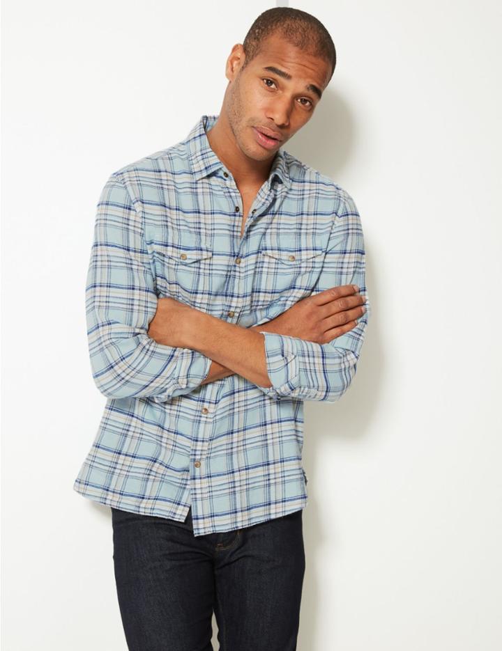 Marks & Spencer Pure Cotton Checked Shirt Light Aqua