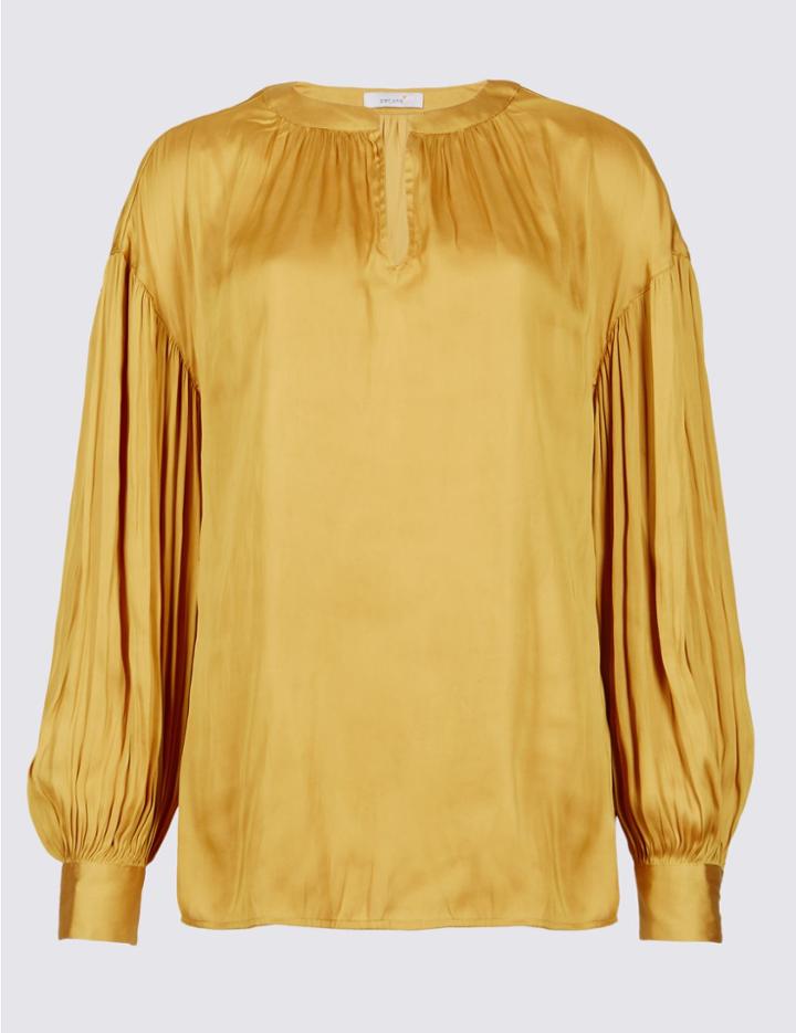 Marks & Spencer Gathered Bubble Sleeve Notch Neck Blouse Ochre