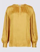 Marks & Spencer Gathered Bubble Sleeve Notch Neck Blouse Ochre