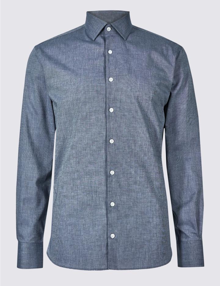 Marks & Spencer Cotton Rich Easy To Iron Tailored Fit Shirt Rich Blue
