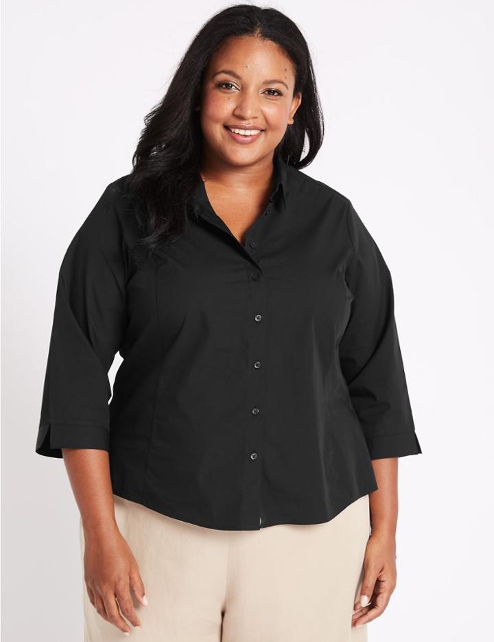 Marks & Spencer Curve Cotton Rich 3/4 Sleeve Shirt Black
