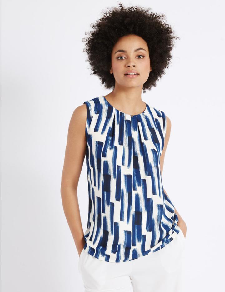 Marks & Spencer Brush Print Round Neck Vest Top Blue Mix