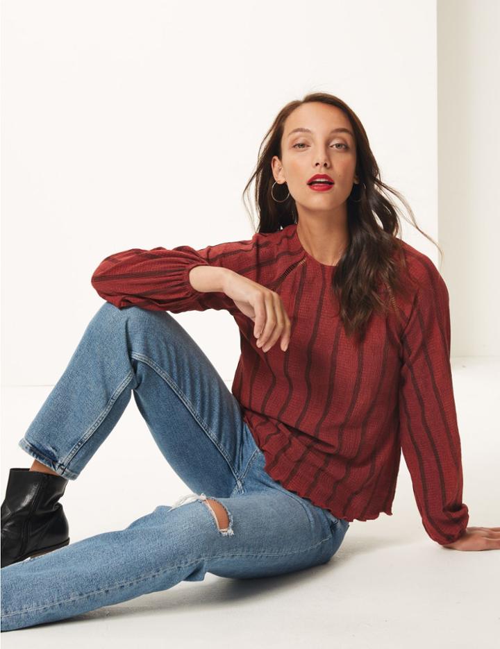 Marks & Spencer Striped Round Neck Long Sleeve Blouse Burgundy Mix