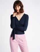 Marks & Spencer Ribbed Wrap Tie Front V-neck Cardigan Navy
