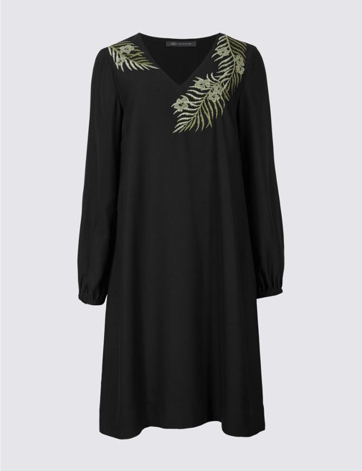 Marks & Spencer Embroidered Long Sleeve Tunic Midi Dress Black Mix
