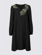 Marks & Spencer Embroidered Long Sleeve Tunic Midi Dress Black Mix