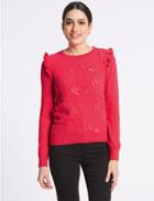 Marks & Spencer Pure Cotton Embroidered Chiffon Front Jumper Bright Red