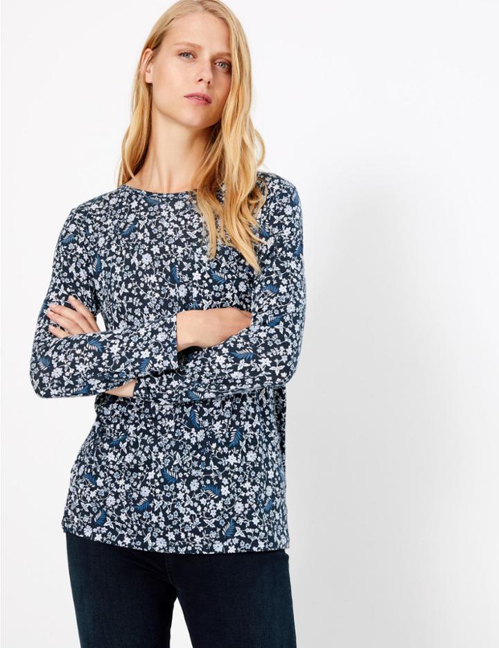 Marks & Spencer Floral Print Longline Long Sleeve Top Navy Mix