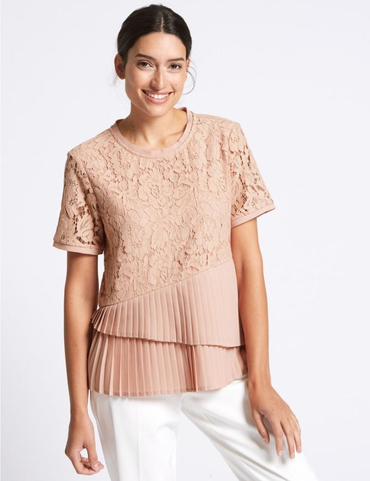 Marks & Spencer Cotton Blend Floral Lace Pleated Shell Top Tea Rose