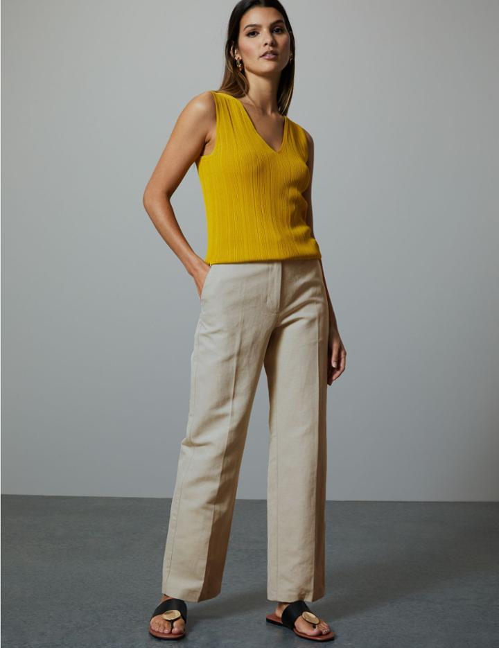 Marks & Spencer Cotton Rich Straight Leg Trousers With Linen Stone