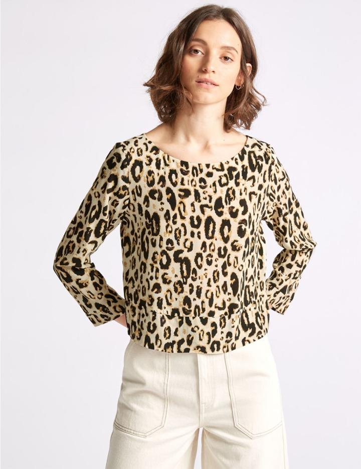 Marks & Spencer Animal Print Round Neck Long Sleeve Top Brown Mix