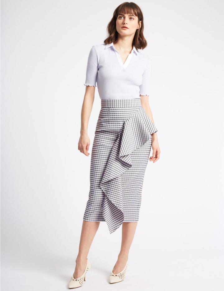 Marks & Spencer Ruffle Checked Pencil Midi Skirt Lilac Mix