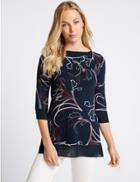 Marks & Spencer Printed Slash Neck 3/4 Sleeve Tunic Navy Mix