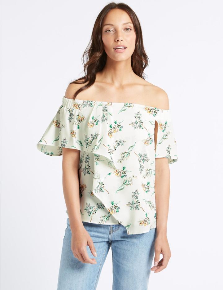 Marks & Spencer Floral Print Short Sleeve Bardot Top Ivory Mix