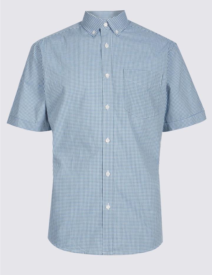 Marks & Spencer Pure Cotton Checked Shirt With Pocket Smokey Blue